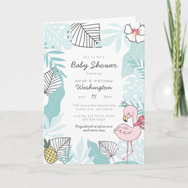 Invitación Moderna Baby Shower tropical Flamingo & Pineapple (Anverso)