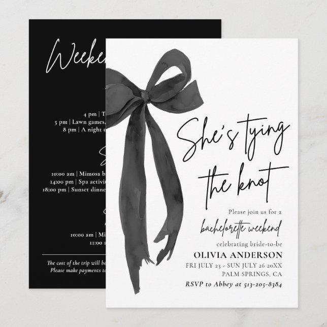 Invitación Moderna Bachelorette Black Bow Weekend Itinerary (Anverso / Reverso)