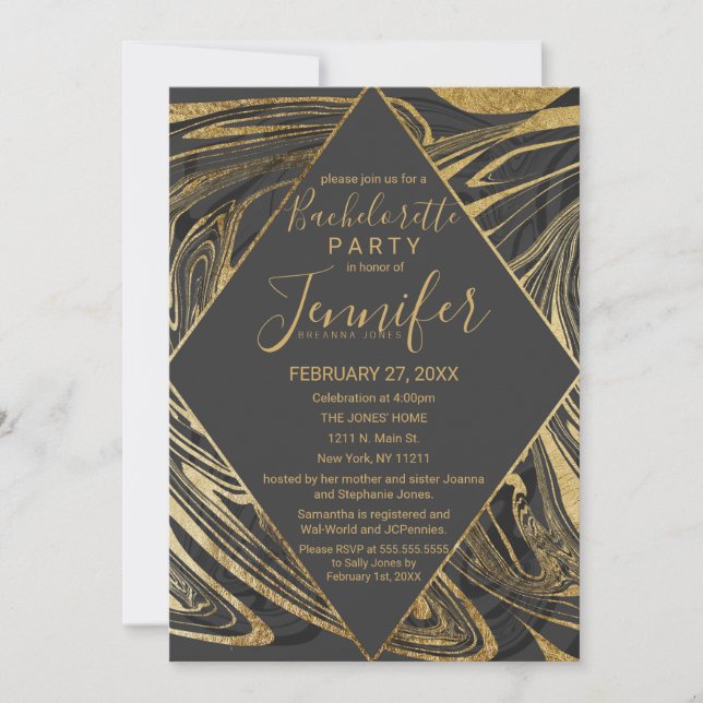Invitación Moderna Bachelorette de Mármol de oro gris negro (Anverso)