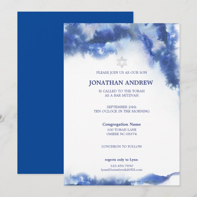 Invitación Moderna barra de mármol azul océano ombre Mitzvah (Anverso / Reverso)