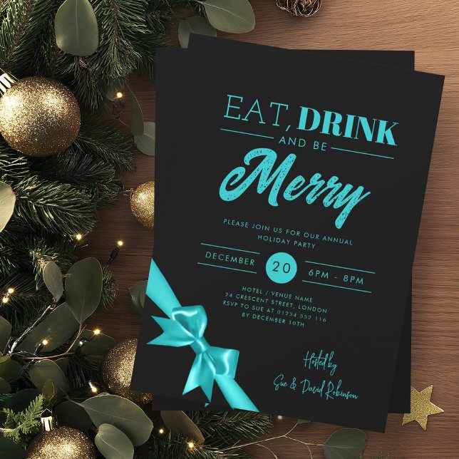 Invitación Moderna Bebida Bebida Xmas Cinta turquesa Negro (Modern Eat Drink Xmas Turquoise Ribbon Black Invitation)
