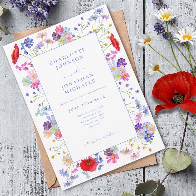 Invitación Moderna Boda azul de acuarela de flores silvestres (Colorful wildflower elegant blue wedding invitation with red poppy blue cornflower )