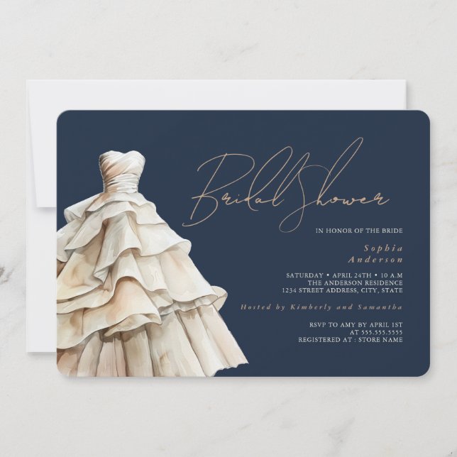 Invitación Moderna Boda beige de la marina vestido con ducha  (Anverso)