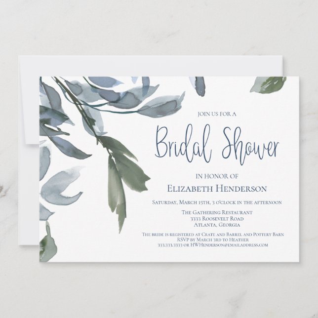 Invitación Moderna Boda Bridal Shower Blue Floral (Anverso)