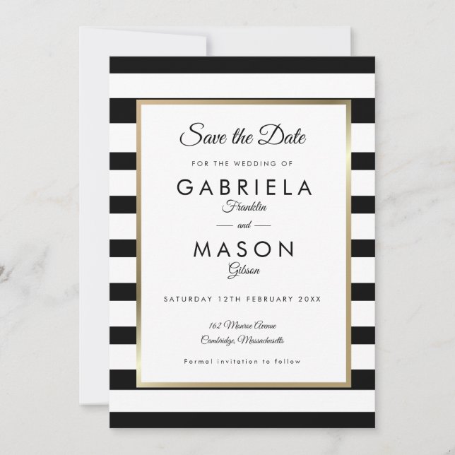 Invitación Moderna boda clásica de rayas salva la fecha (Anverso)