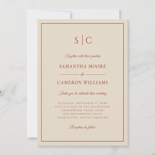 Invitación Moderna Boda Classic Monograma Terracotta (Anverso)