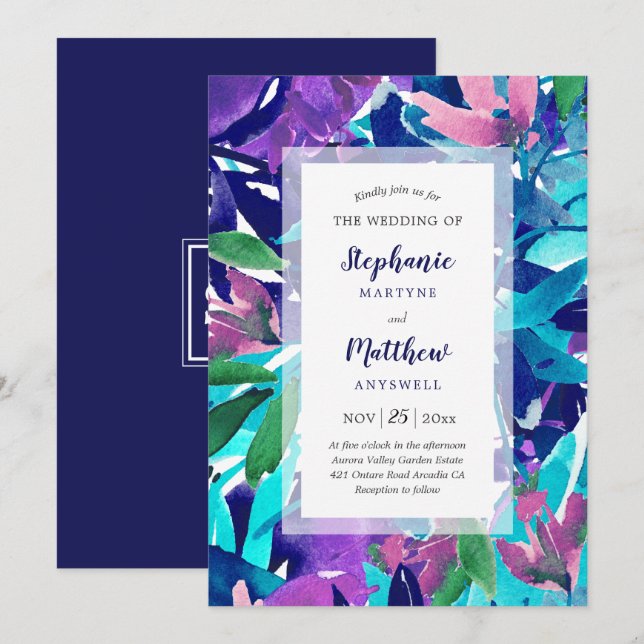Invitación Moderna Boda de acuarela audaz marina morada Aqua (Anverso / Reverso)