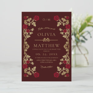 Invitación Moderna Boda de Burgundy Dorado⎮Boho Rosa Vid