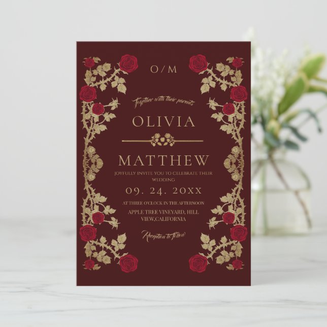 Invitación Moderna Boda de Burgundy Dorado⎮Boho Rosa Vid (Anverso de pie)