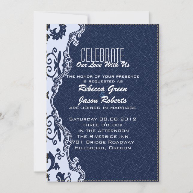Invitación moderna boda de campo de encaje de mezclilla azul  (Anverso)