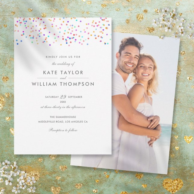 Invitación Moderna Boda de Foto con Confeti de Arcoíris (Modern Rainbow Confetti Photo Wedding Invitation)