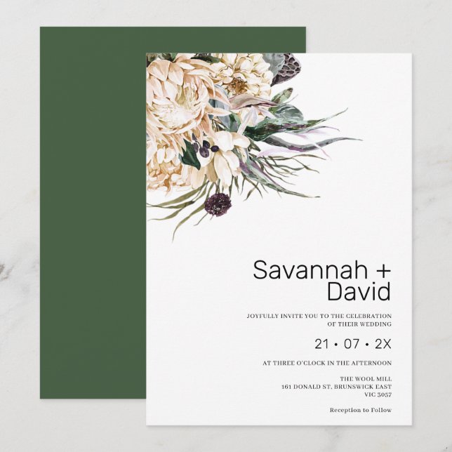 Invitación Moderna Boda de Grass Boho White Protea Pampas (Anverso / Reverso)