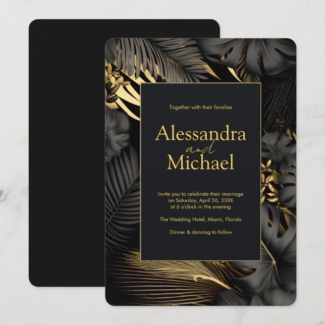 Invitación Moderna Boda de hojas tropicales de oro negro (Anverso / Reverso)