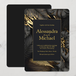 Invitación Moderna Boda de hojas tropicales de oro negro