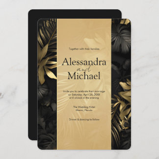 Invitación Moderna Boda de hojas tropicales de oro negro