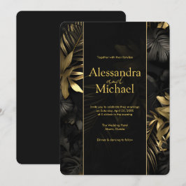 Invitación Moderna Boda de hojas tropicales de oro negro