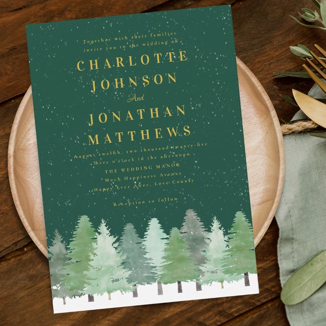 Invitación Moderna Boda de Invierno de Oro Verde en el bosque (Modern elegant watercolor Woodland forest green winter wedding invitation)
