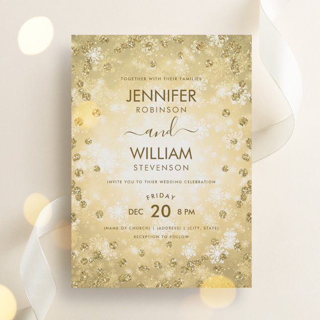 Invitación Moderna Boda de Invierno Elegante de Oro Festivida (Modern Festive Gold Elegant Winter Wedding Invitation)