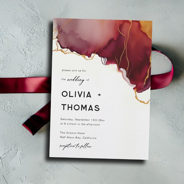 Invitación Moderna Boda de Oro Elegante Naranja Borgoña (burgundy orange fall wedding invitation modern minimalist elegant bohemian romantic beach waves)