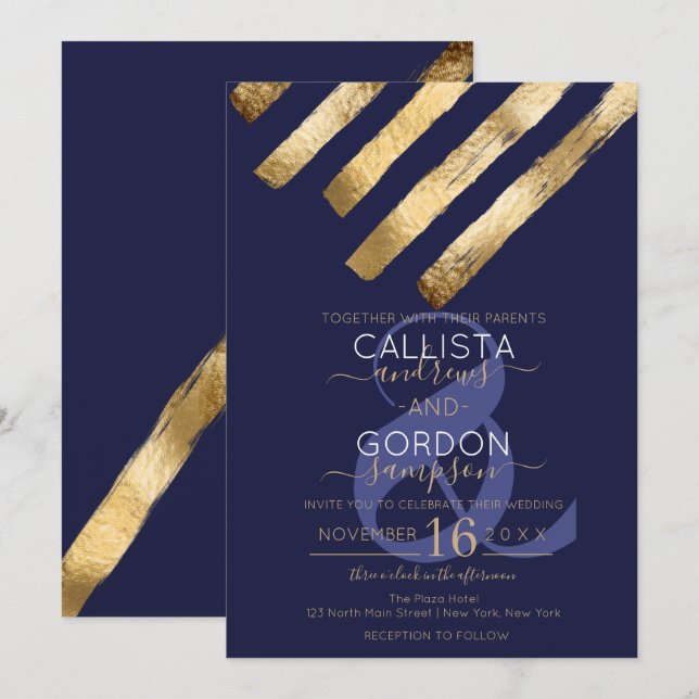 Invitación Moderna Boda de pinceles azules de la Marina de Or (Anverso / Reverso)