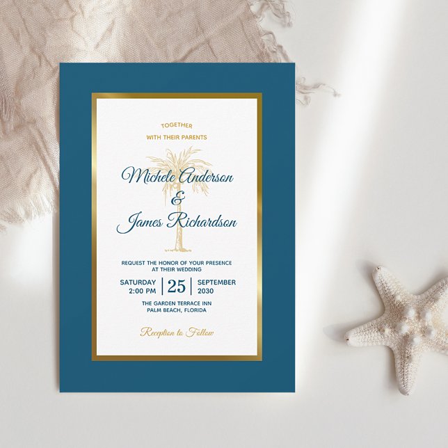 Invitación Moderna Boda de Playa Tropical de Oro Azul Palm Tr (Subido por el creador)