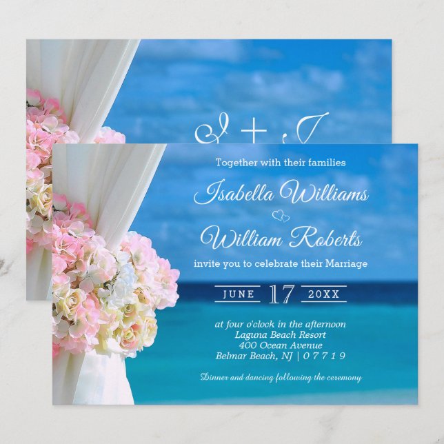 Invitación Moderna Boda de verano de Floral Ocean Beach (Anverso / Reverso)