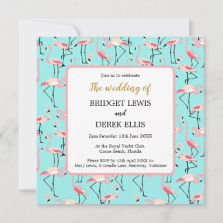Invitación Moderna Boda en Playa Flamingo Azul Rosa