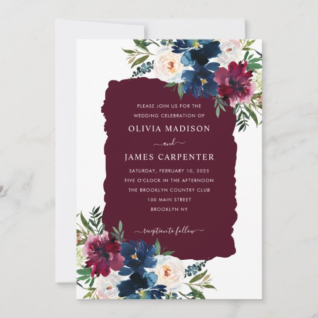Invitación Moderna Boda floral azul de la Marina de Borgoña (Anverso)