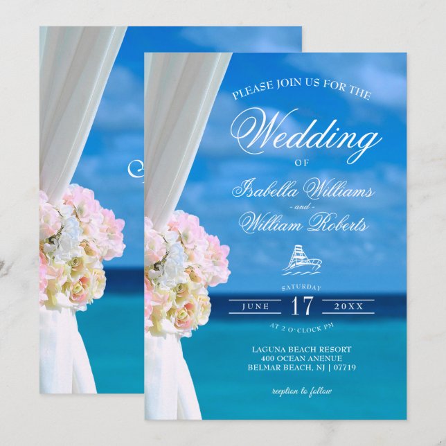 Invitación Moderna Boda Floral Blue Ocean Beach (Anverso / Reverso)