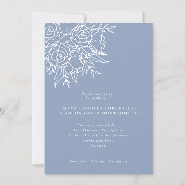 Invitación Moderna Boda floral de arte de la línea azul turbu (Anverso)