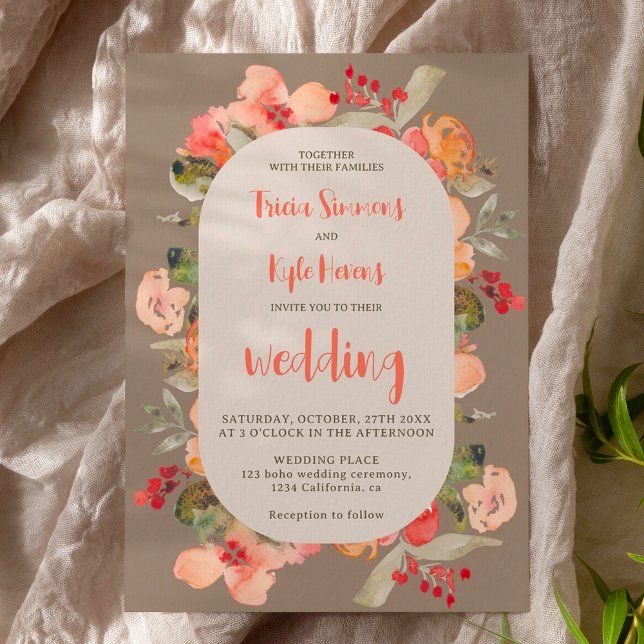 Invitación Moderna boda floral de la caída del Boho terracota (Modern Boho fall terracotta khaki floral wedding Invitation)