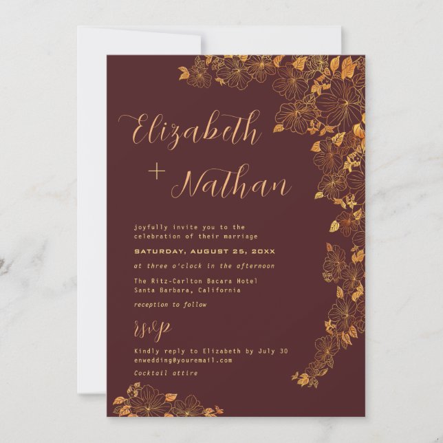 Invitación Moderna Boda floral elegante borgoña de la cita do (Anverso)