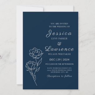 Invitación Moderna Boda floral elegante de la Marina Azul Pla