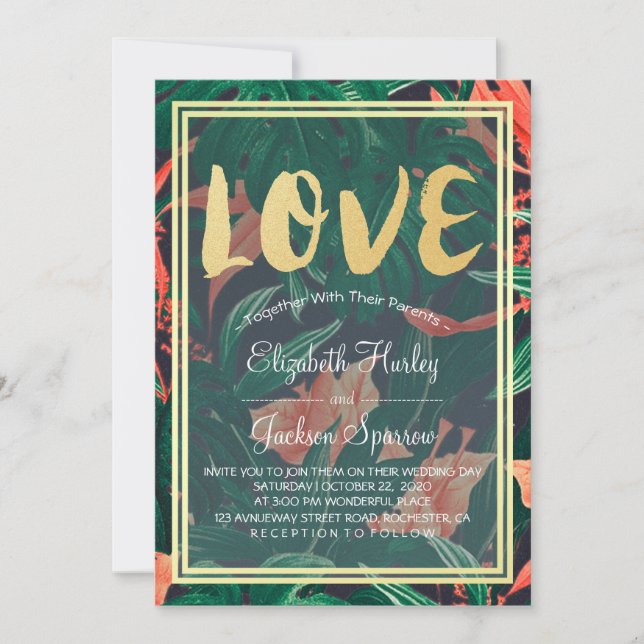 Invitación Moderna Boda hawaiana de marco dorado tropical flo (Anverso)