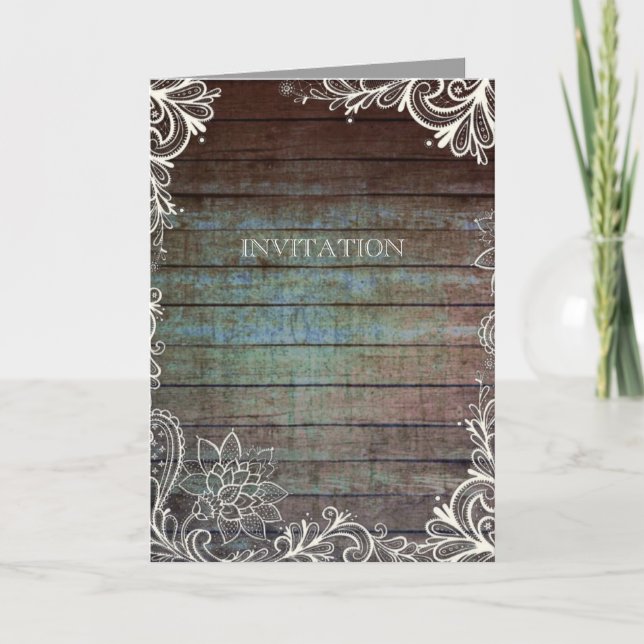 Invitación moderna boda rústica de madera de granero y encaje (Anverso)