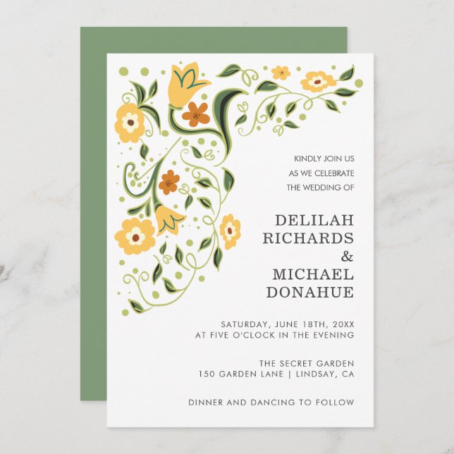 Invitación Moderna Boda Verde Amarillo Floral Elegante (Anverso / Reverso)