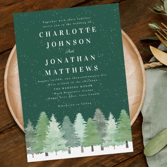 Invitación Moderna Boda Verde de Invierno en el bosque de bos (Watercolor forest snowy Woodland green winter wedding invitation)