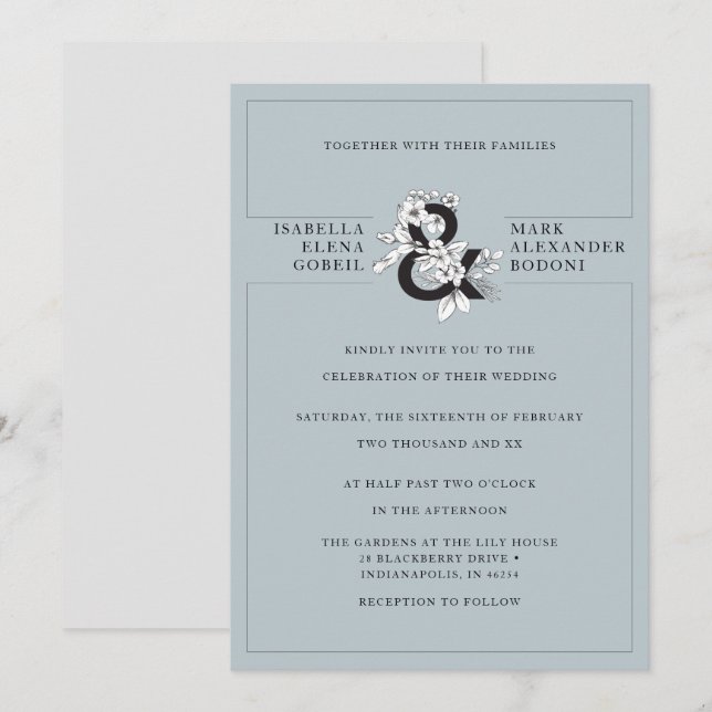 Invitación Moderna Boda y Ampersor Floral Azul Dusty (Anverso / Reverso)