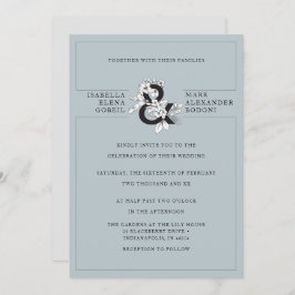 Invitación Moderna Boda y Ampersor Floral Azul Dusty