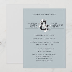 Invitación Moderna Boda y Ampersor Floral Azul Dusty