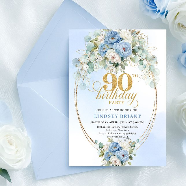 Invitación moderna boho azul floral dorada para cu (Modern Boho Blue Floral Gold 90th Birthday Invite)