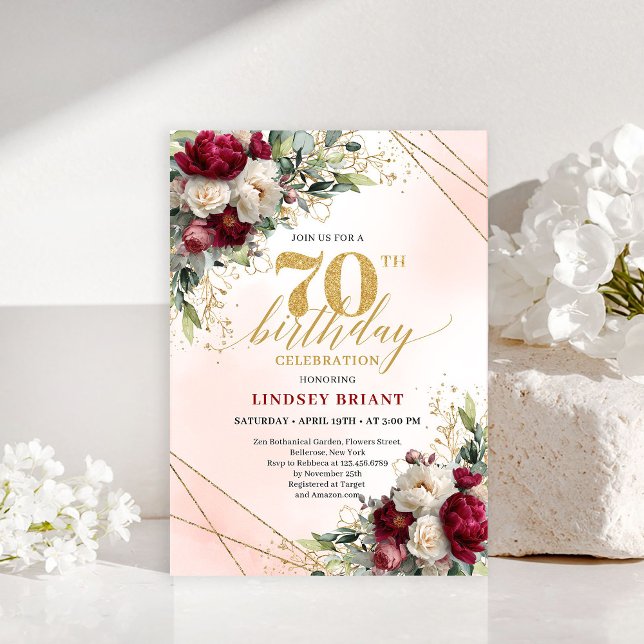 Invitación Moderna Boho Borgoña Floral 70 Años Jov (Modern Boho Burgundy Floral 70 Years Young Invite)