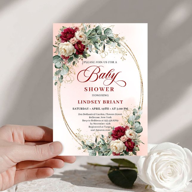 Invitación moderna boho de bebé en burgundy y oro (Modern Boho Burgundy and Gold Baby Shower Invite)