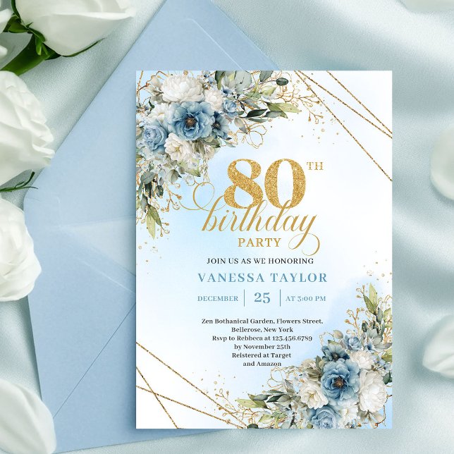 Invitación moderna boho de cumpleaños 80 con flore (Modern 80th Birthday Invite Boho Dusty Blue Florals)