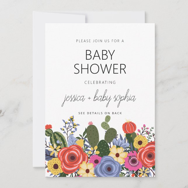Invitación moderna boho floral para baby shower (Anverso)