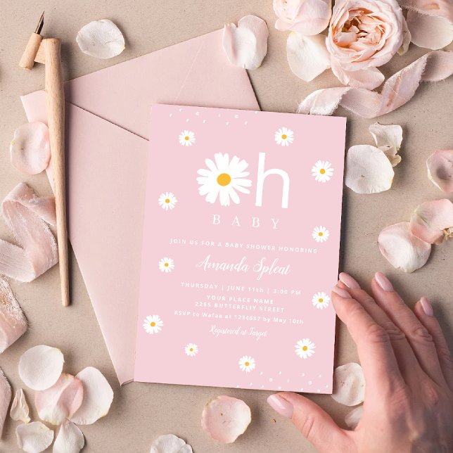 Invitación Moderna Boho Rosa Daisy Floral Bebé Bebé Ducha Inv (Subido por el creador)