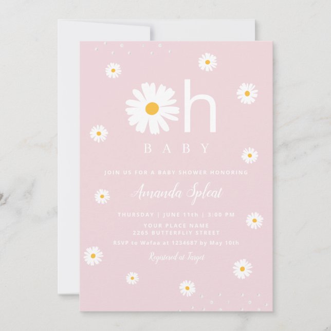Invitación Moderna Boho Rosa Daisy Floral Bebé Bebé Ducha Inv (Anverso)