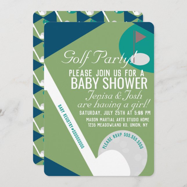 Invitación Moderna bola de golf Tema Boy Baby Shower Navy Ver (Anverso / Reverso)