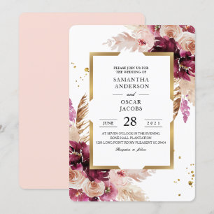 Invitación Moderna Borgoña Rubor Floral rosa y marco dorado