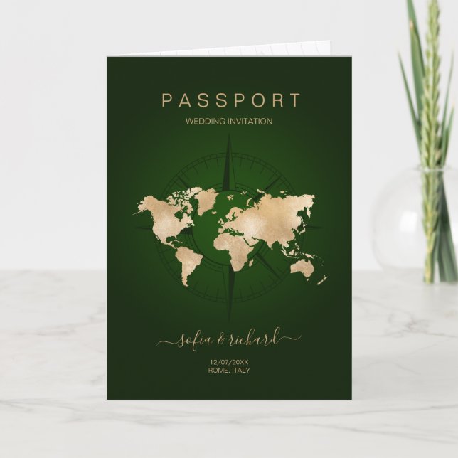 Invitación Moderna brújula de pasaporte de boda de destino (Anverso)